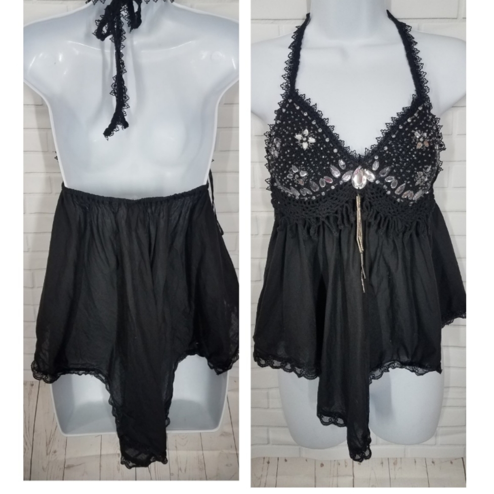 Black Embellished Billowy Crotchet Top